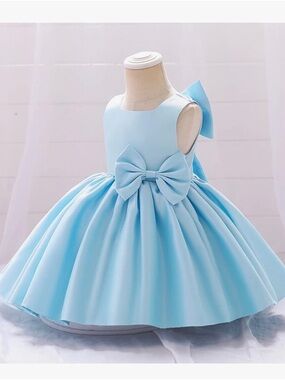 Girls Light Blue Satin Bow Dress Size 3-4T Sleeveless Party Dress